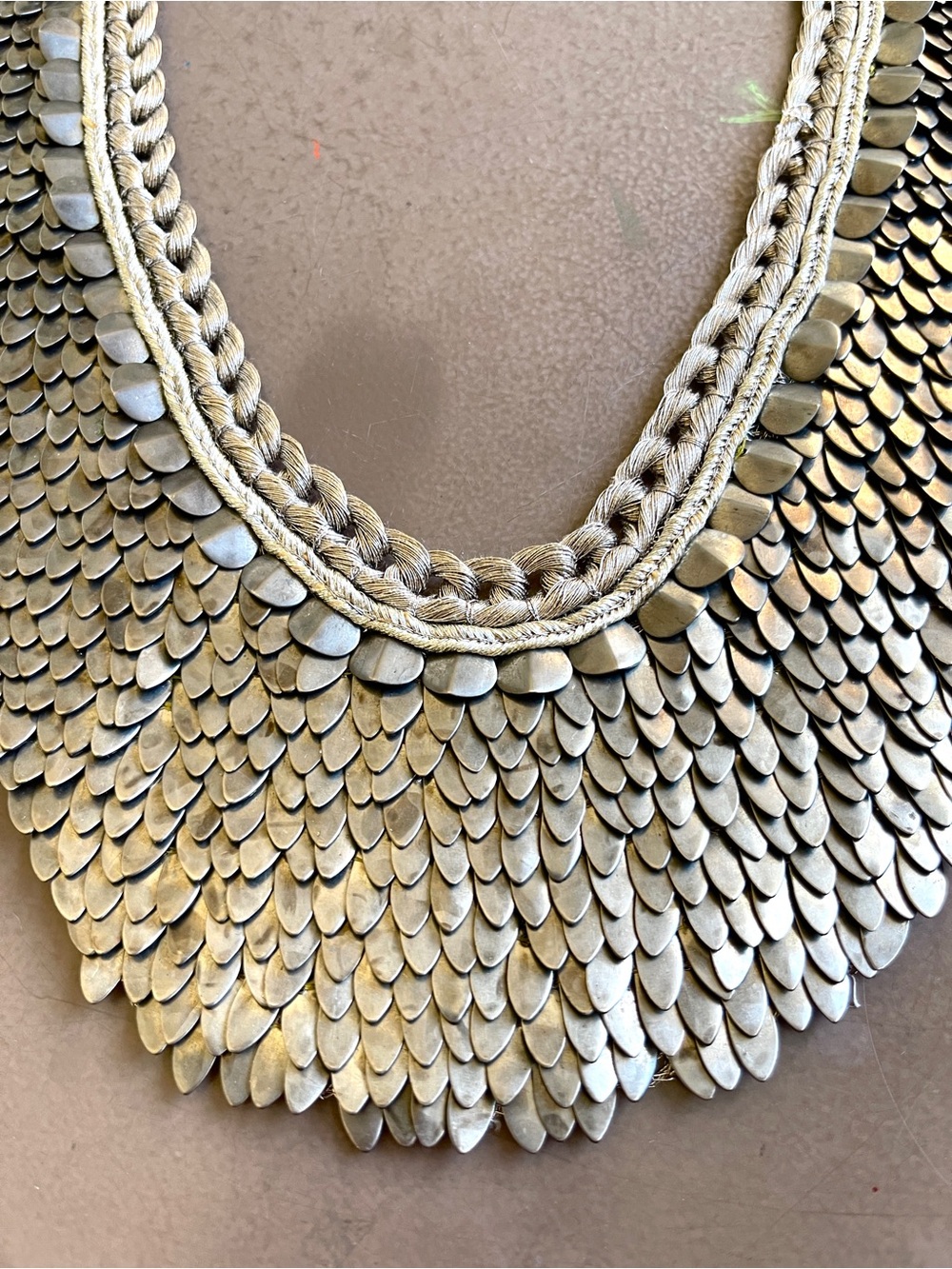 Vintage Cleopatra-Style Handmade Bib Necklace Handwoven Silver Tone Scales - Picture 3 of 9
